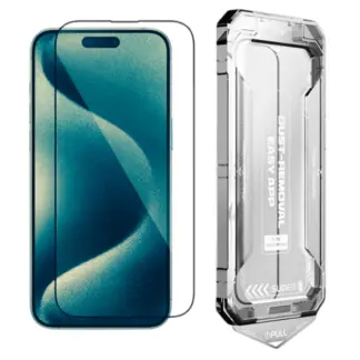 iPhone 13 / 13 Pro / 14 / 16e / 17e panssarilasi asennuskehikolla, koko näytön, 5D, kirkas
