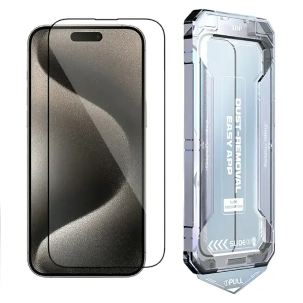 iPhone 15 panssarilasi asennuskehikolla, koko näytön, 5D, kirkas